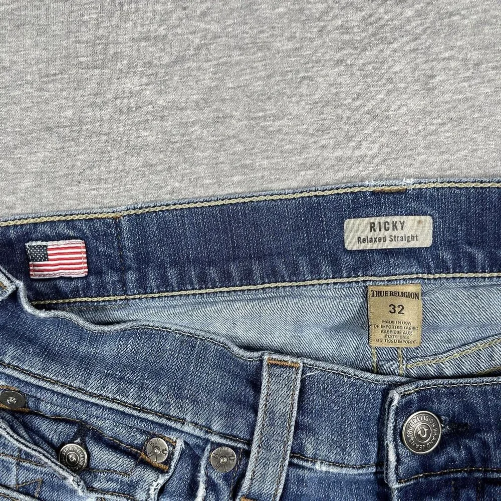 True Religion Ricky Relaxed Straight Jeans Mens 32 Blue Medium Wash Y2K Vintage